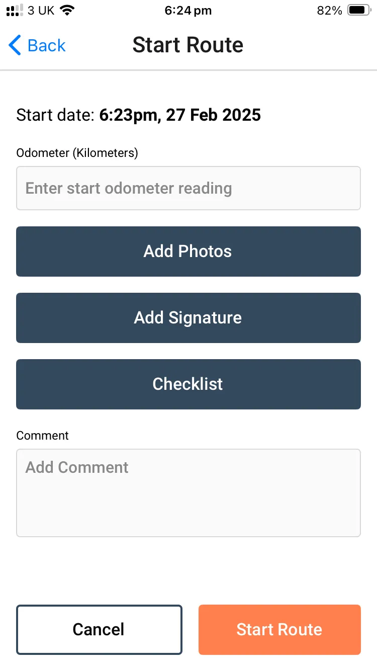 Start Route in Tarot Driver App with a Checklist configured