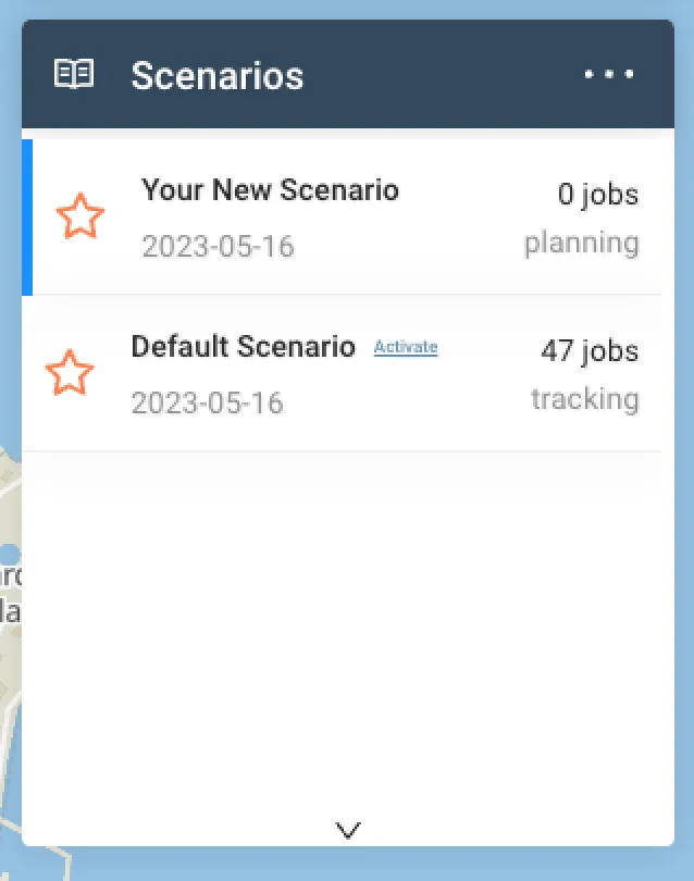 Scenarios panel with the new active scenario highlighted by a blue bar above the Default Scenario
