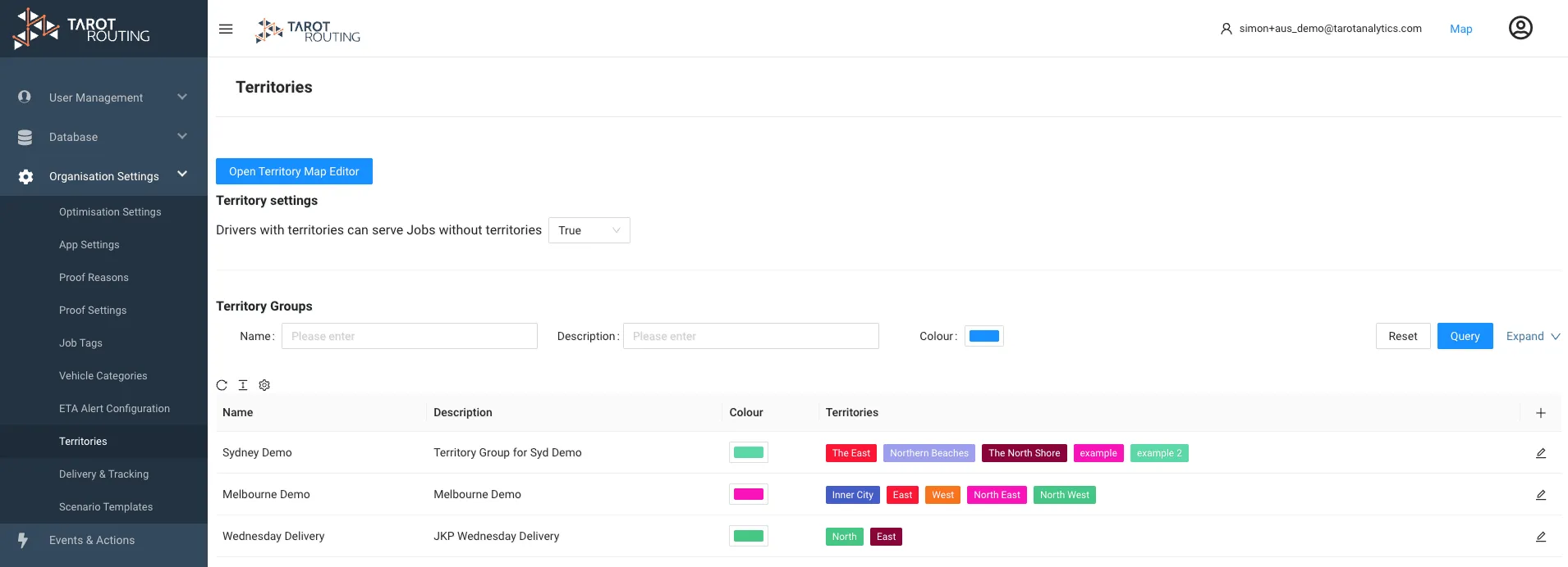 Territories page in Organisation Settings with the Open Territory Map Editor button and the list of territory groups
