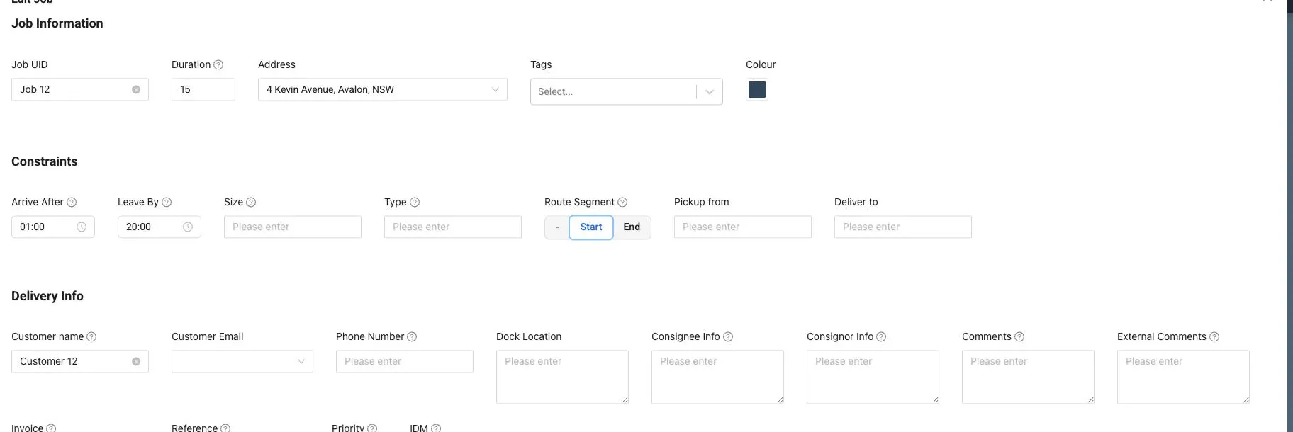 Edit Job modal in Tarot Routing show Route Segment constraint