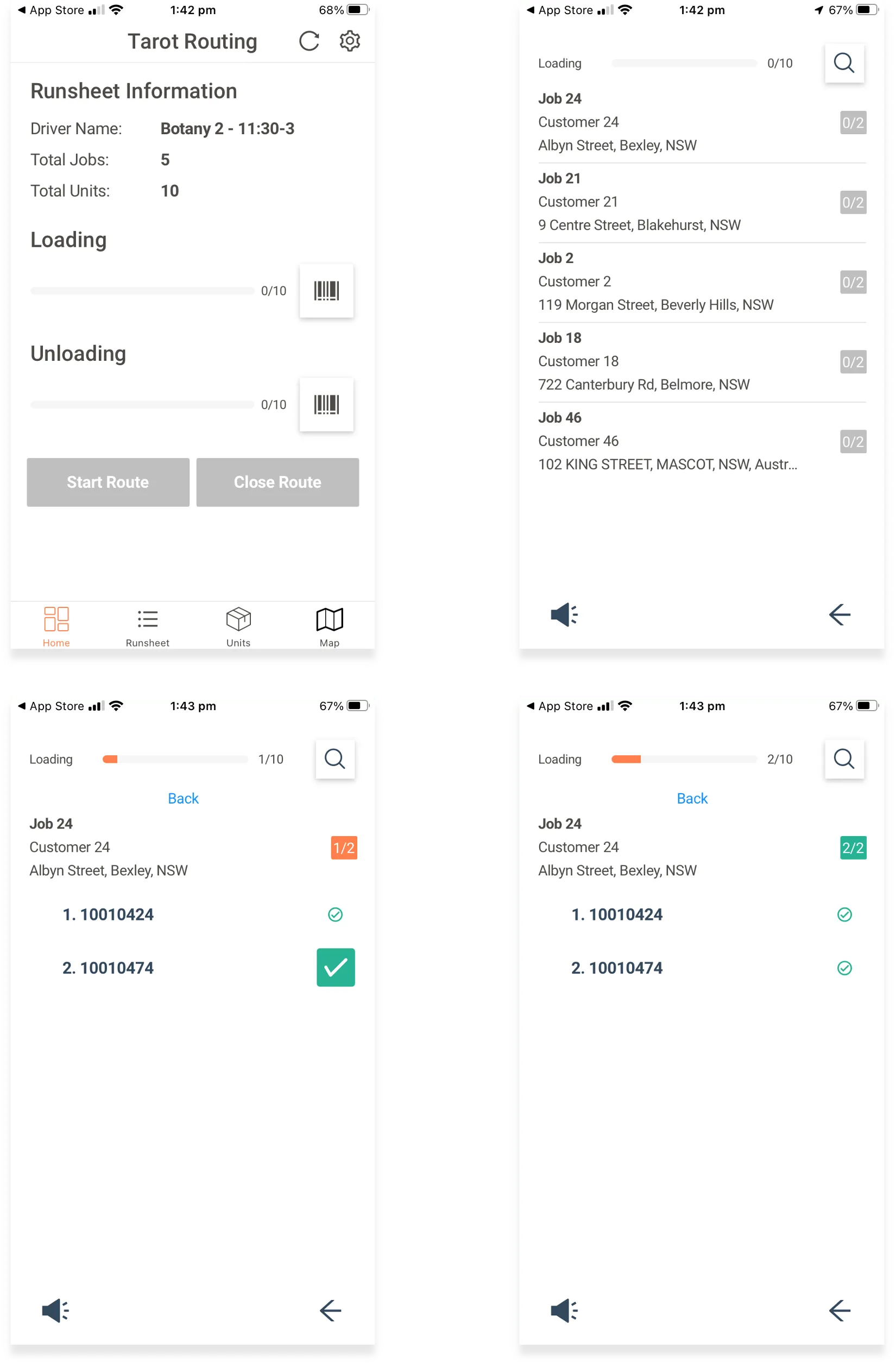 Tarot Driver App loading a runsheet with barcode scanning off, ticking off each unit in a checklist