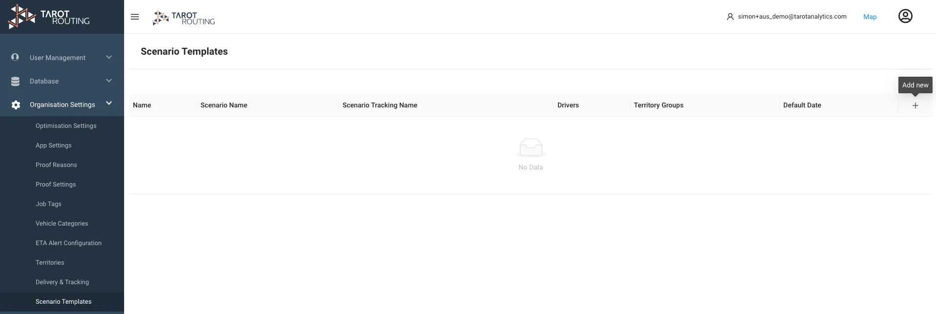 Scenario Templates page in Organisation Settings with the add button