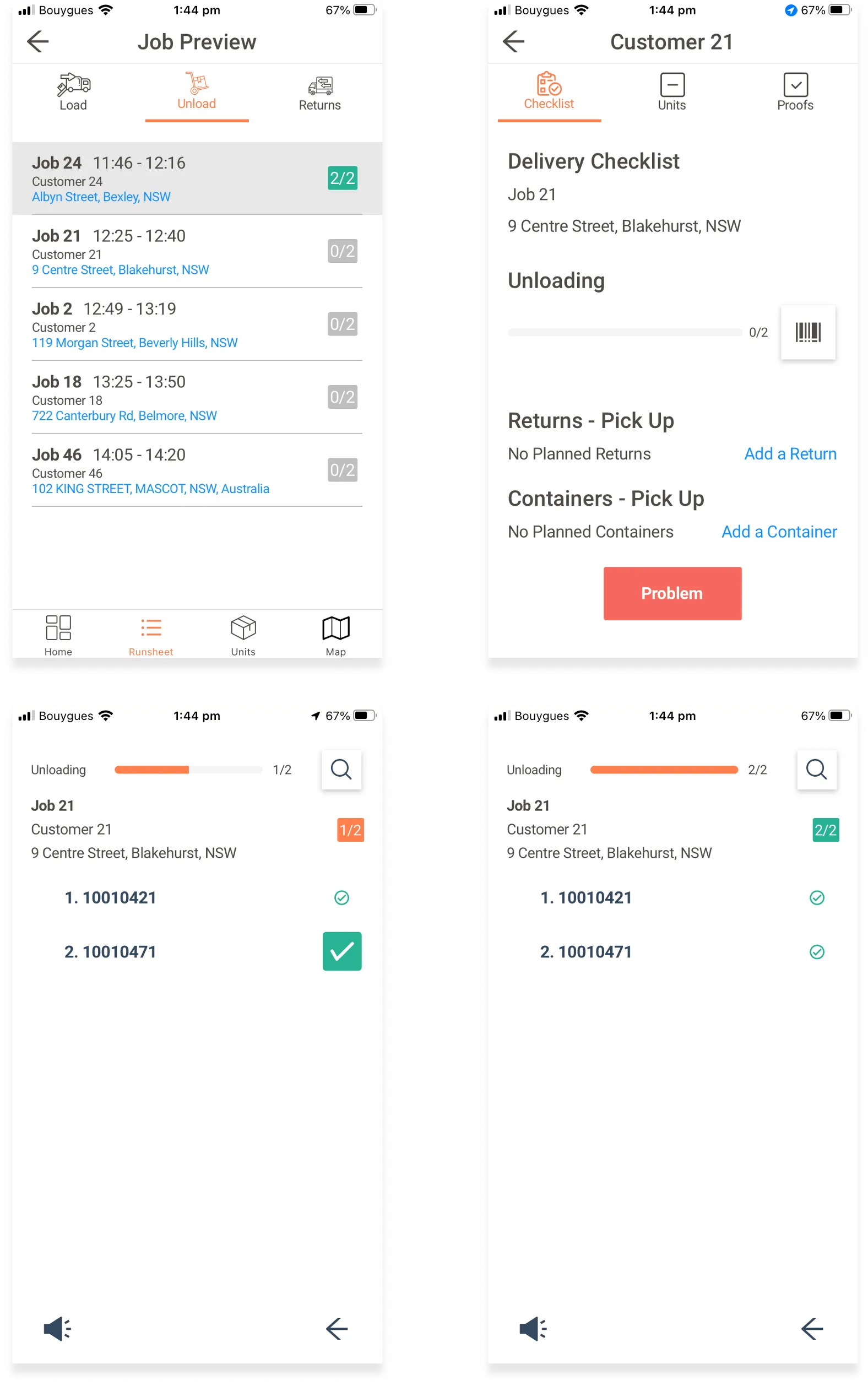 Tarot Driver App delivery checklist with barcode scanning off, ticking off each unit at unloading
