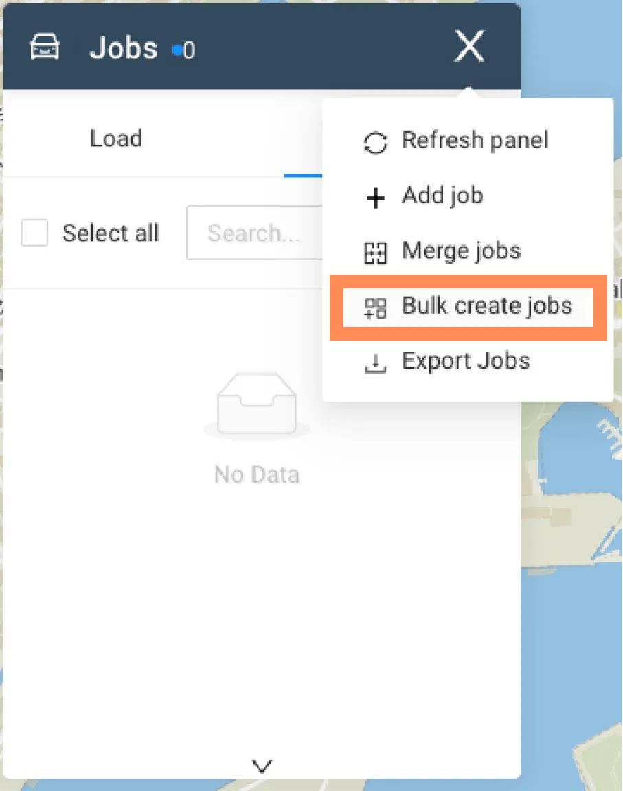 Jobs panel action menu with Bulk create jobs highlighted