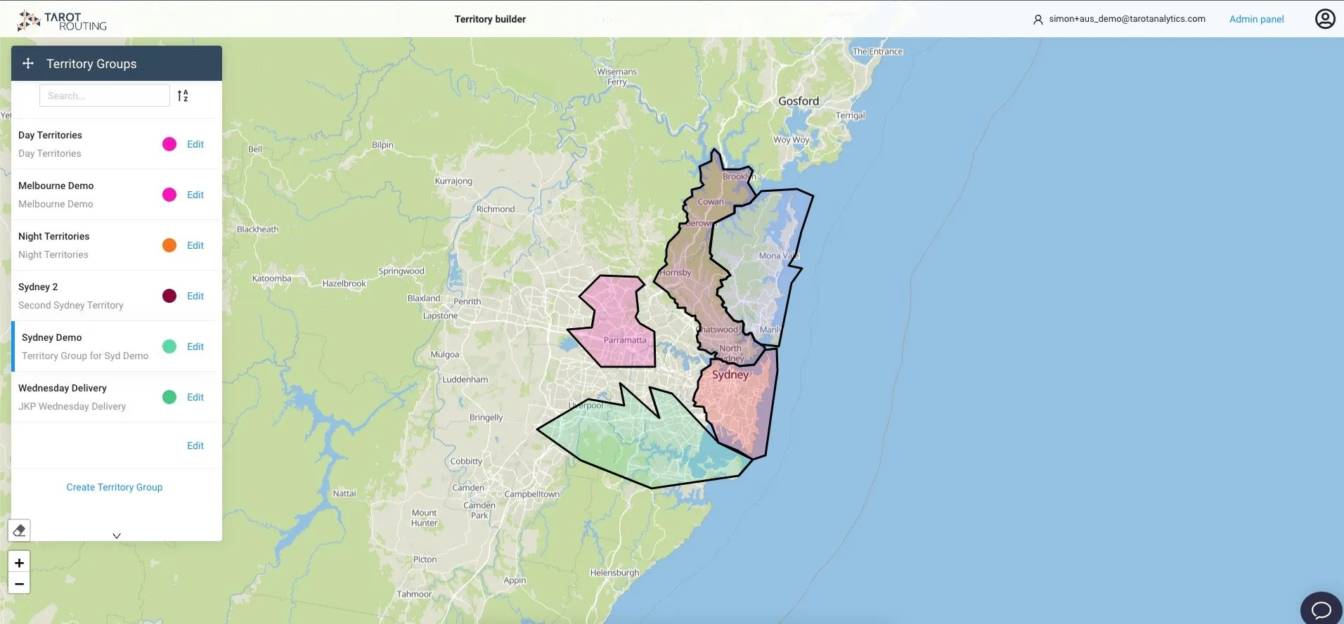 Territory Builder map interface with the Territory Groups panel and territories drawn over Sydney