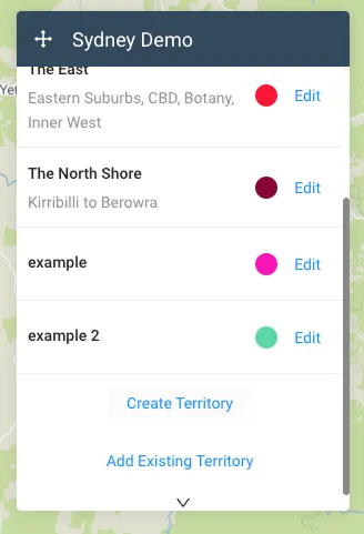 Sydney Demo territory group listing its territories, with Create Territory and Add Existing Territory options