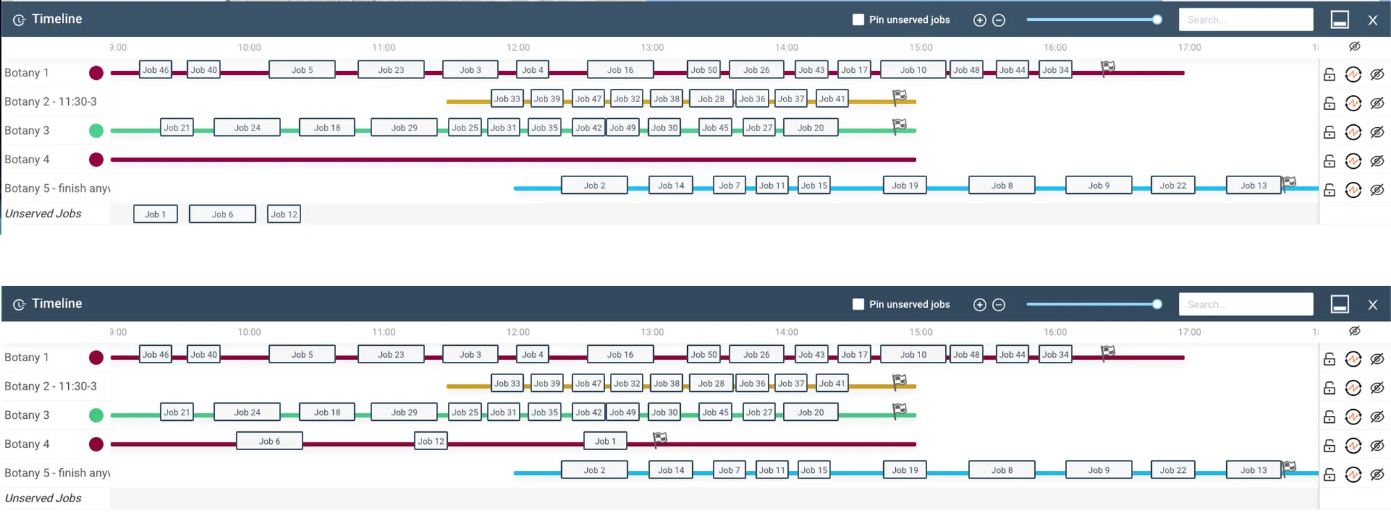 The Timeline in Tarot Routing. In the top image Botany 4 has no Jobs. In the Bottom image Jobs have been dragged and dropped to Botany 4 Run
