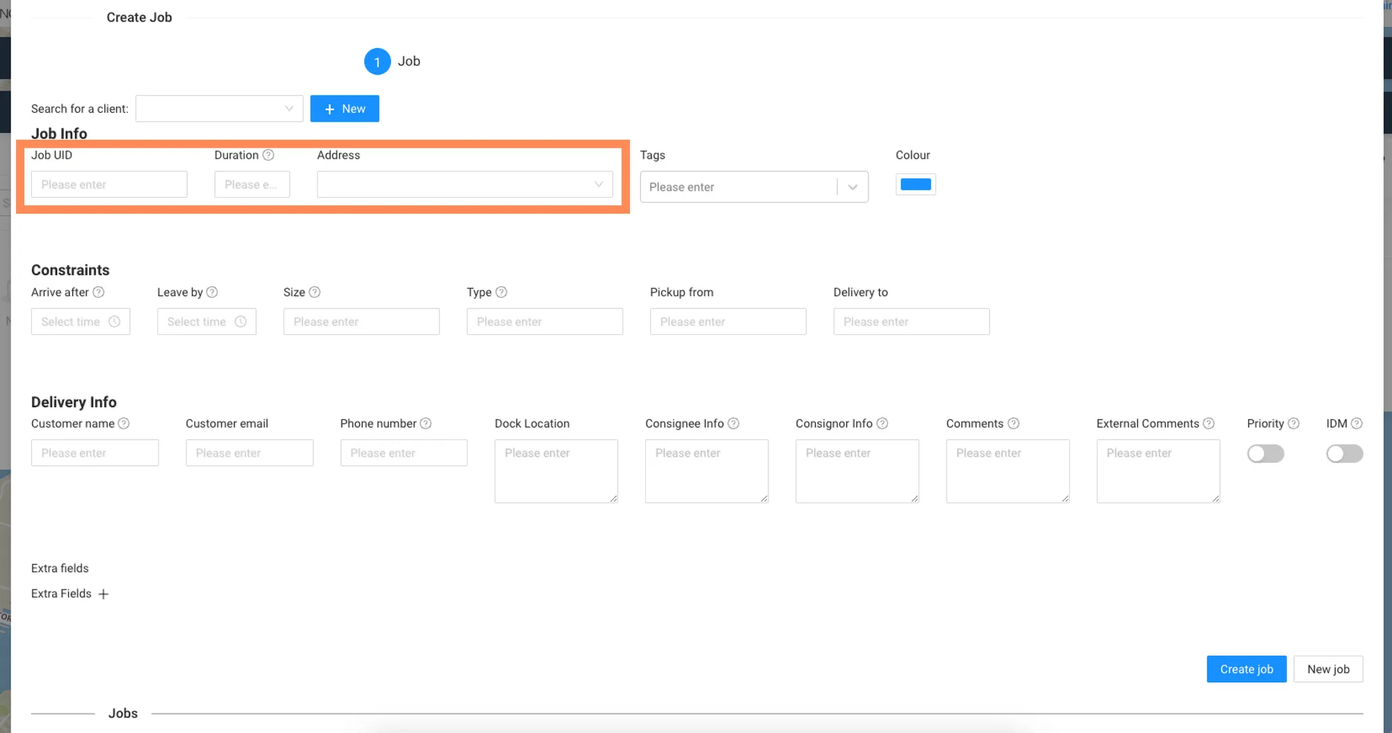 Create Job form with the required Job UID, Duration and Address fields highlighted