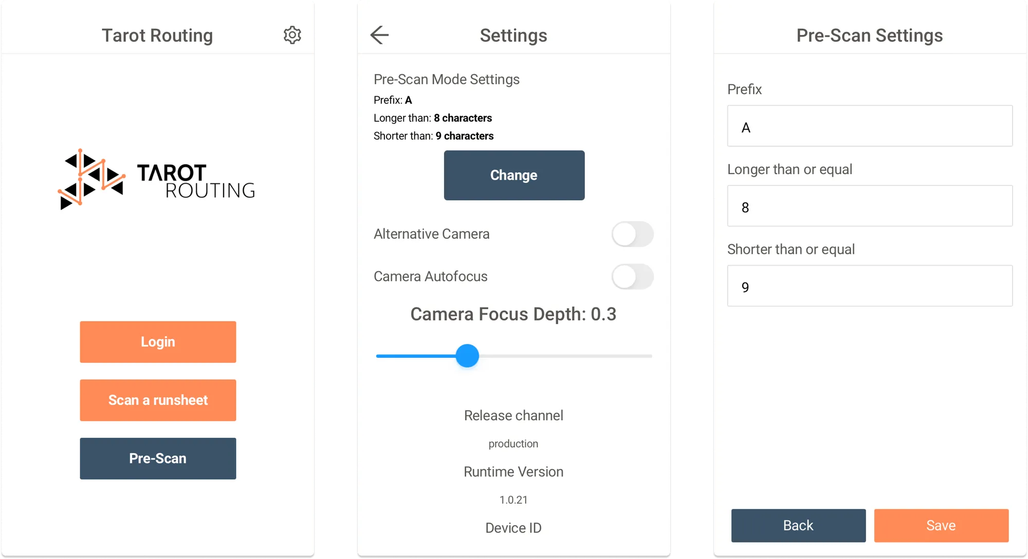 Tarot Driver App - Pre-Scan Mode Settings and Barcode Filtering