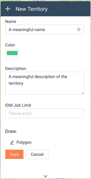 New Territory form with name, colour, description, IDM job limit and the Polygon drawing tool