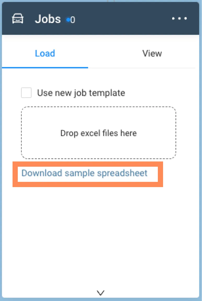 Jobs panel Load tab with the Download sample spreadsheet link highlighted