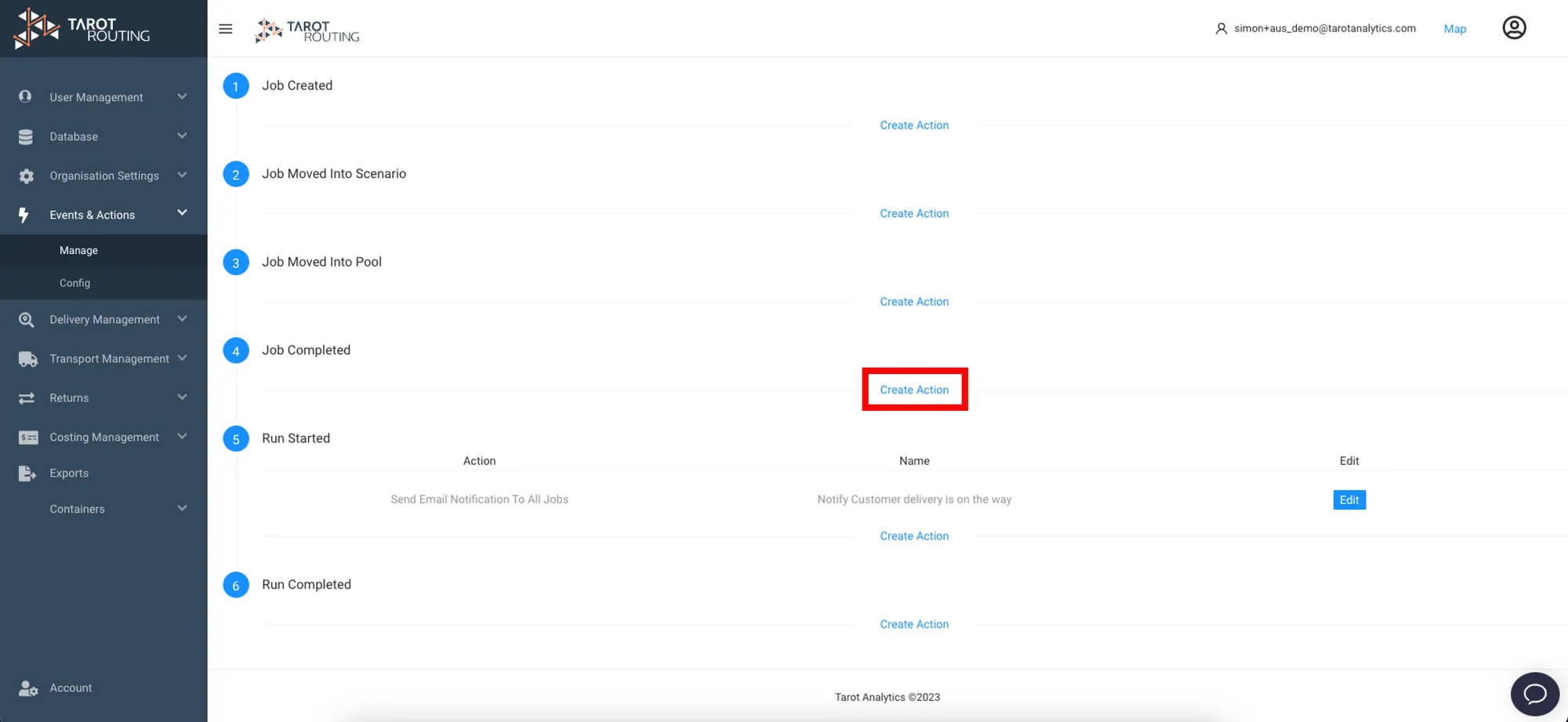 Tarot Routing Admin Panel with Manage Events & Actions open. Create Action Button for a Job Completed Event is highlighted