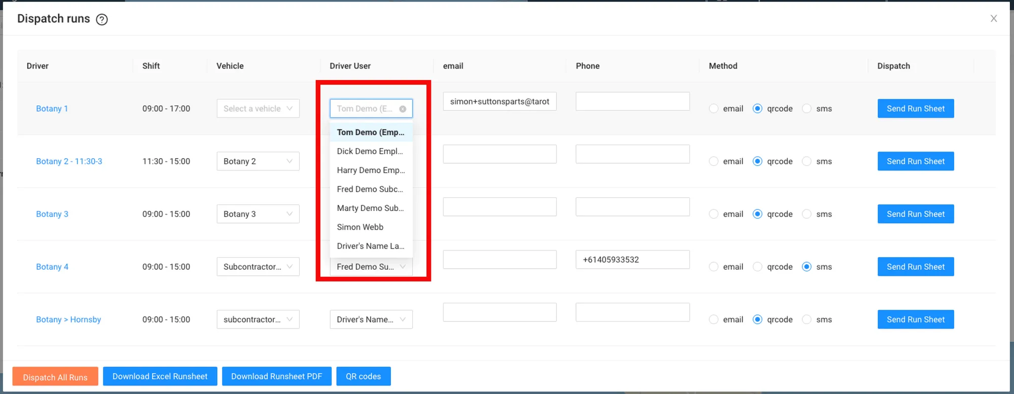Changing Driver User in the Dispatch Modal