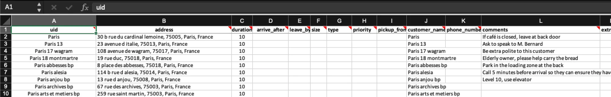 Sample Excel job upload spreadsheet populated with example Paris jobs