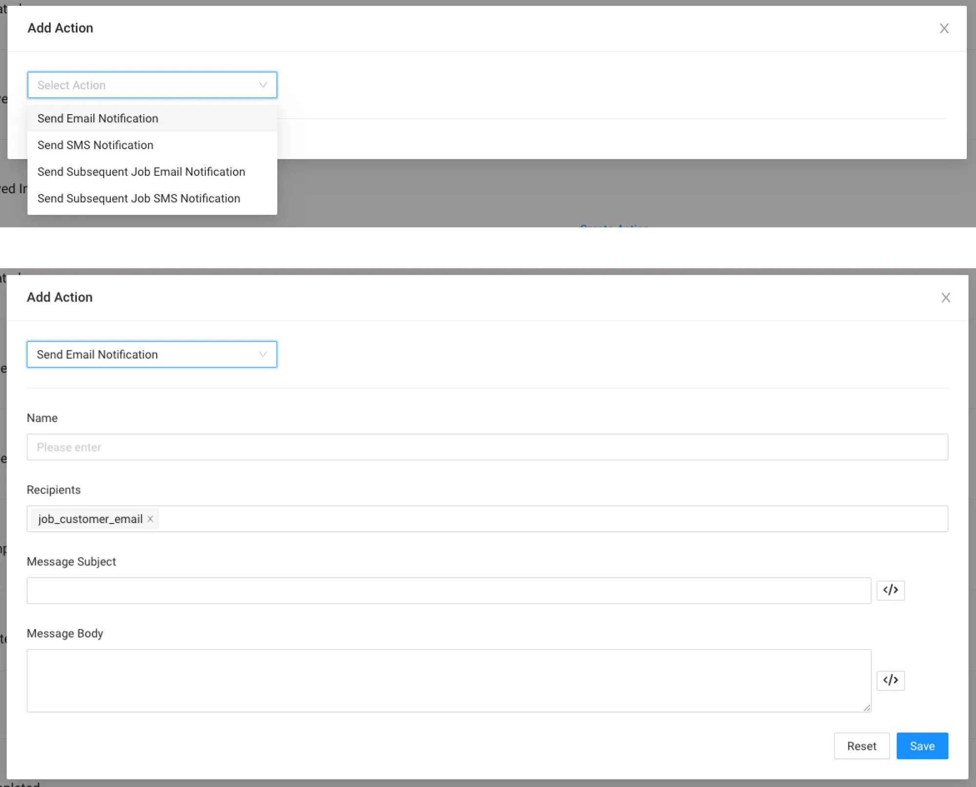 Add Action modal and a blank Send Email Notification to completed Job Action Template