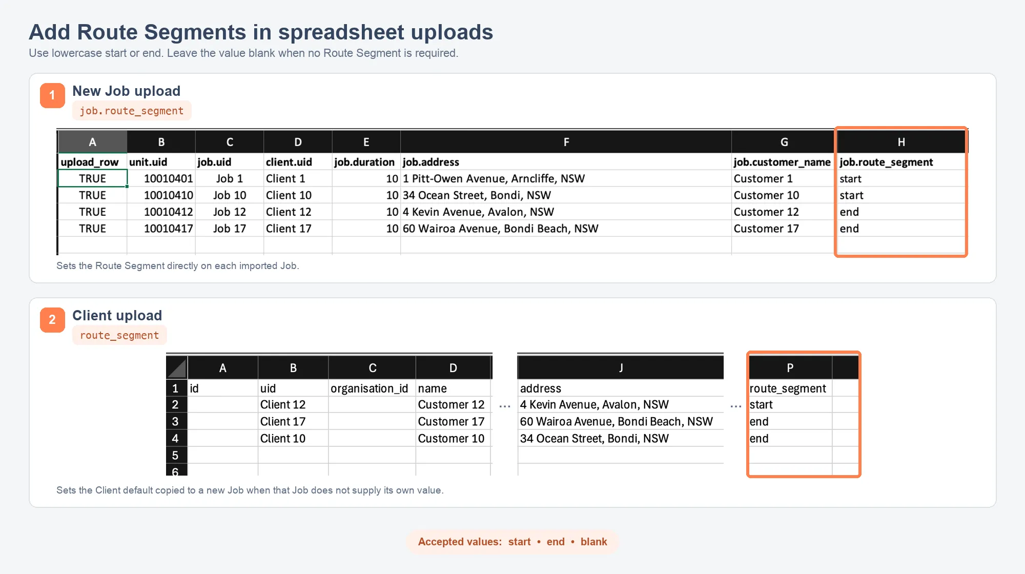 Add Route Segments in Jobs and Client spreadsheet uploads