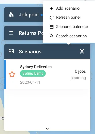 Scenarios panel action menu with Add scenario, next to the new Sydney Deliveries scenario