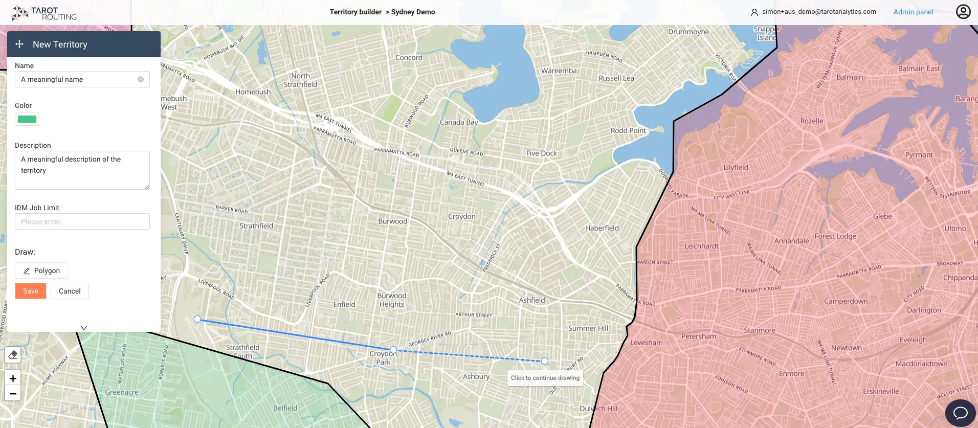 Drawing a new territory polygon on the map by clicking to place each vertex