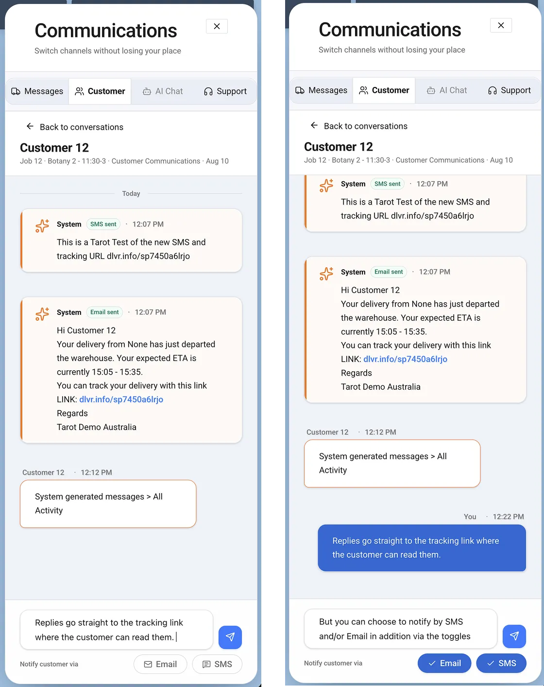 Reply via SMS or Email toggles in the Tarot Routing platform