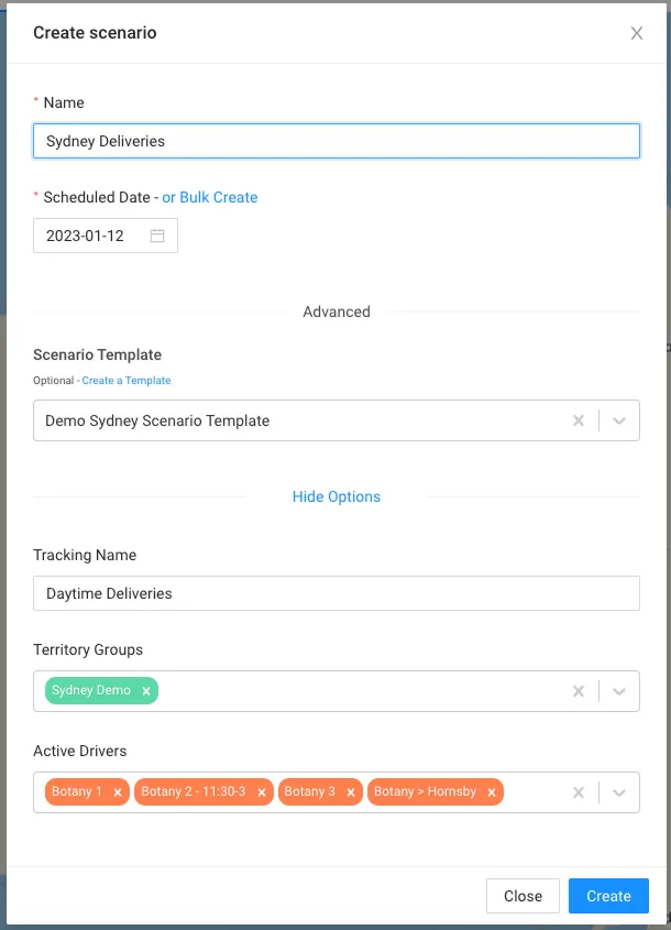 Create scenario modal with the Demo Sydney Scenario Template selected, filling in the tracking name, territory group and drivers