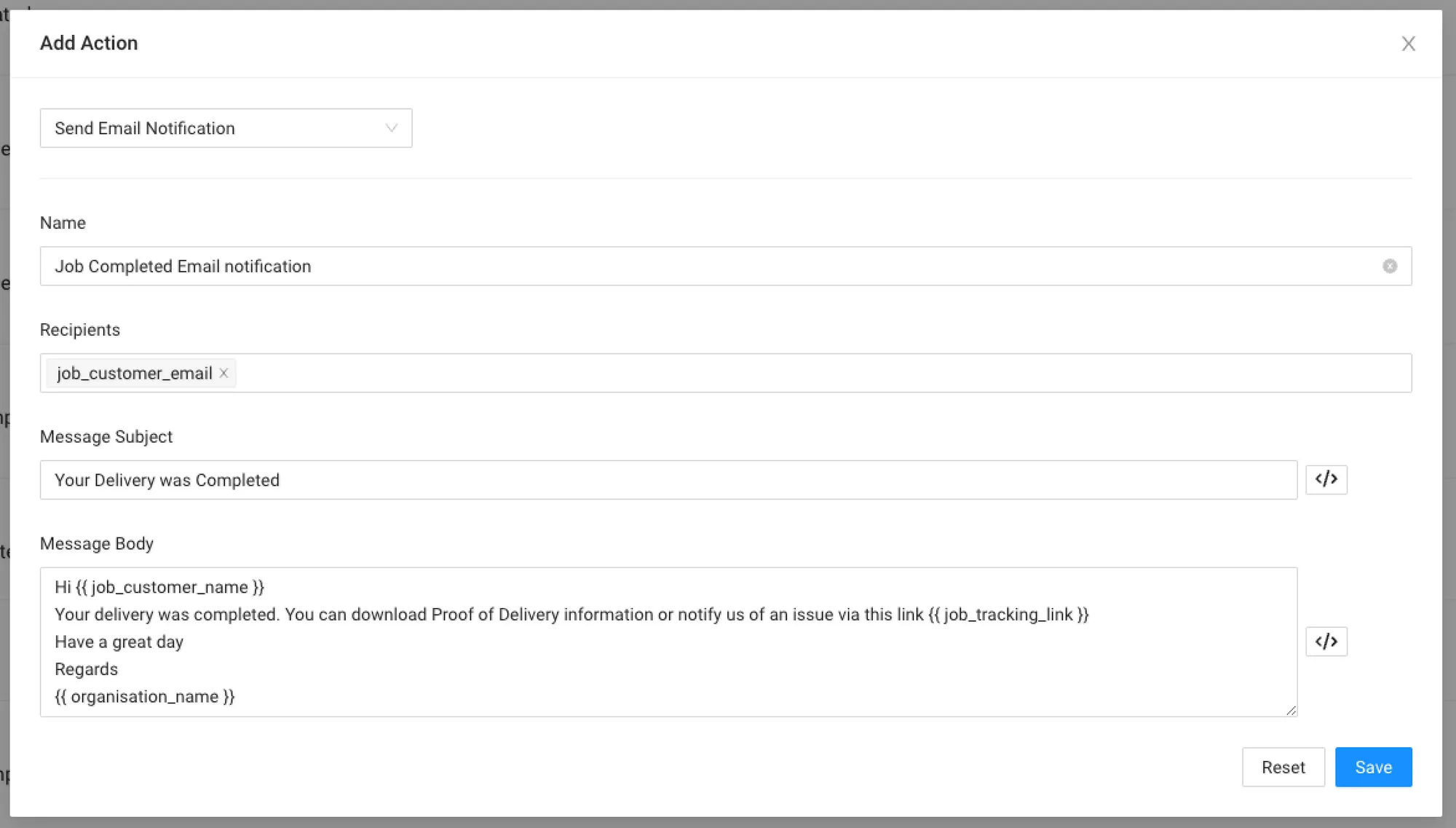 An example email notificaiton for a Job Completed Action