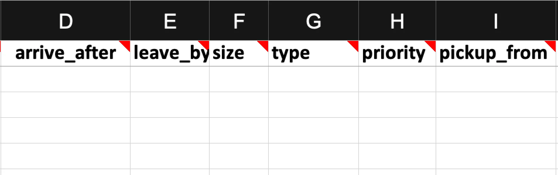 Optional optimisation constraint columns: arrive_after, leave_by, size, type, priority and pickup_from