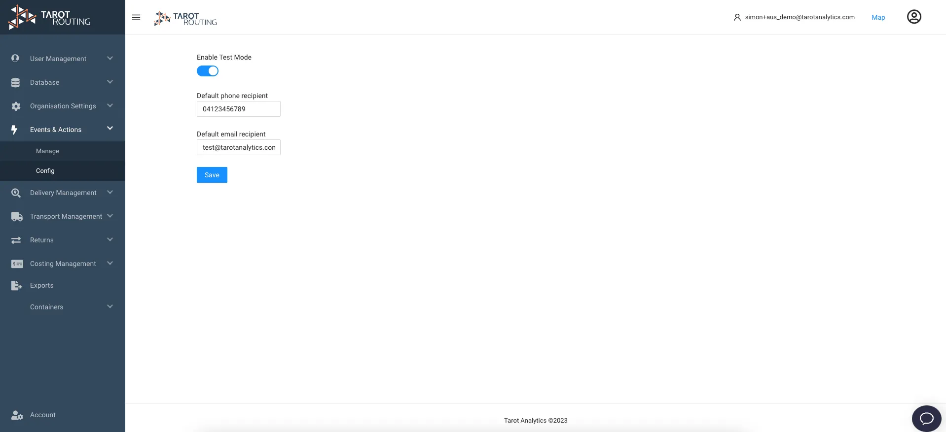 Events and Action Config page with Test Mode Enabled