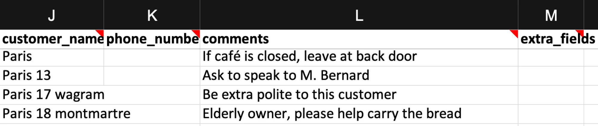 Customer information columns: customer_name, phone_number, comments and extra_fields