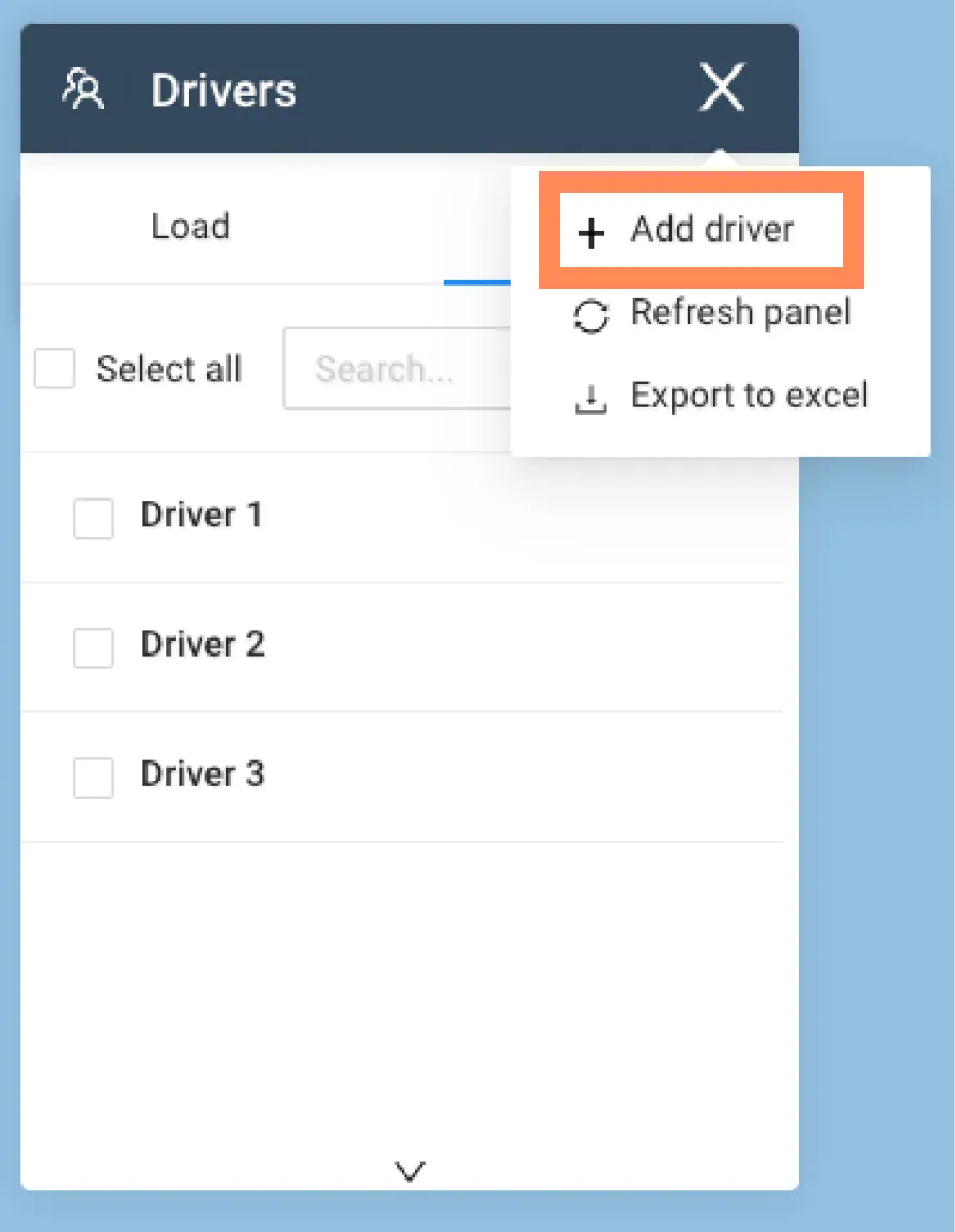 Drivers panel action menu with Add driver highlighted