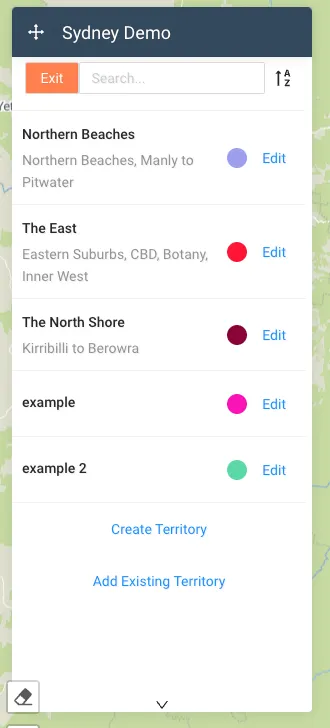 Territory group panel with the Add Existing Territory option for re-using a territory