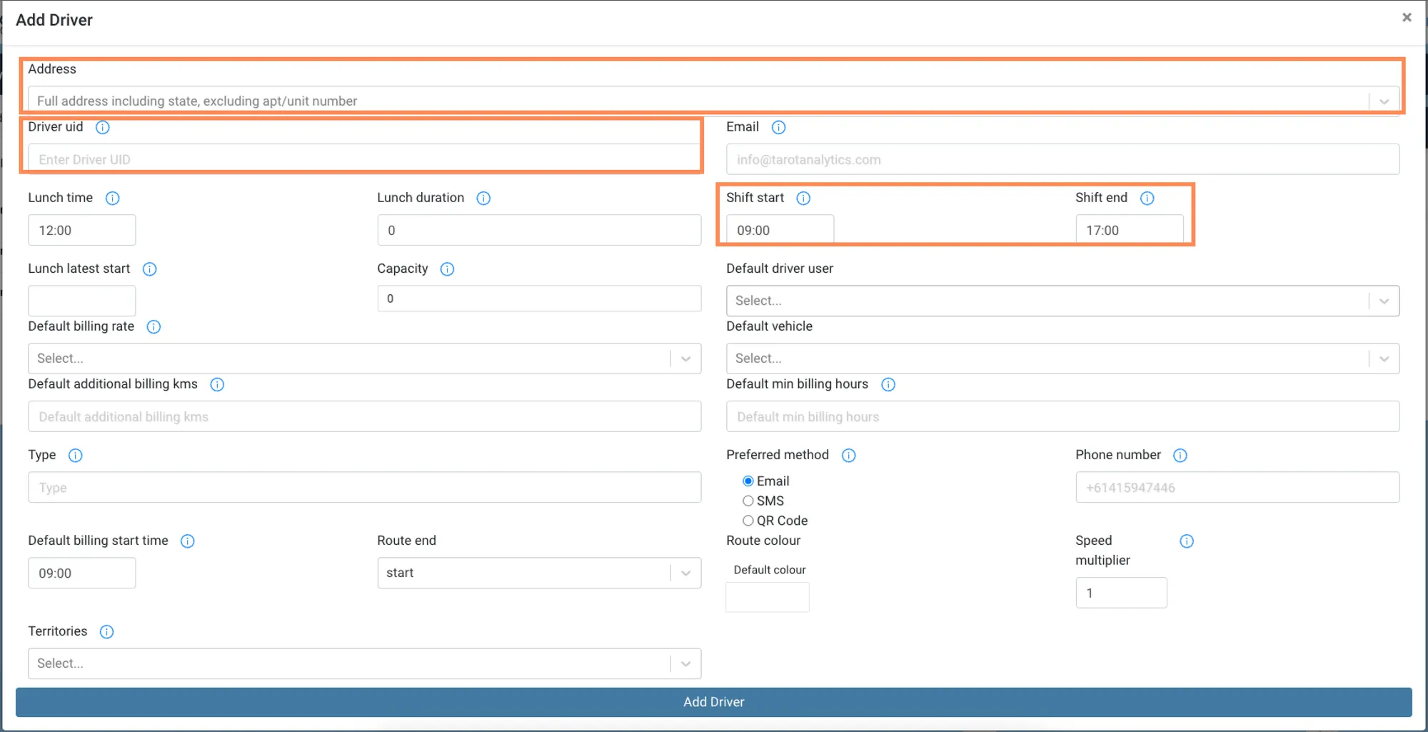 Add Driver form with the address, driver UID and shift start and end fields highlighted