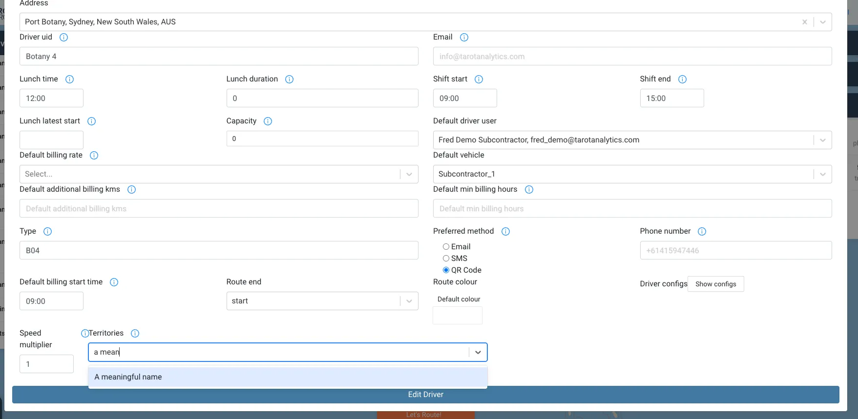Edit Driver form with the Territories field set to a territory