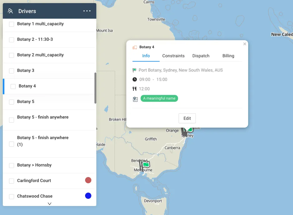 Driver details popup on the map showing the territory applied to the driver