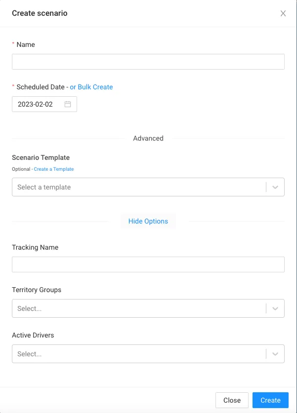 Create scenario form with the Territory Groups field under the advanced options