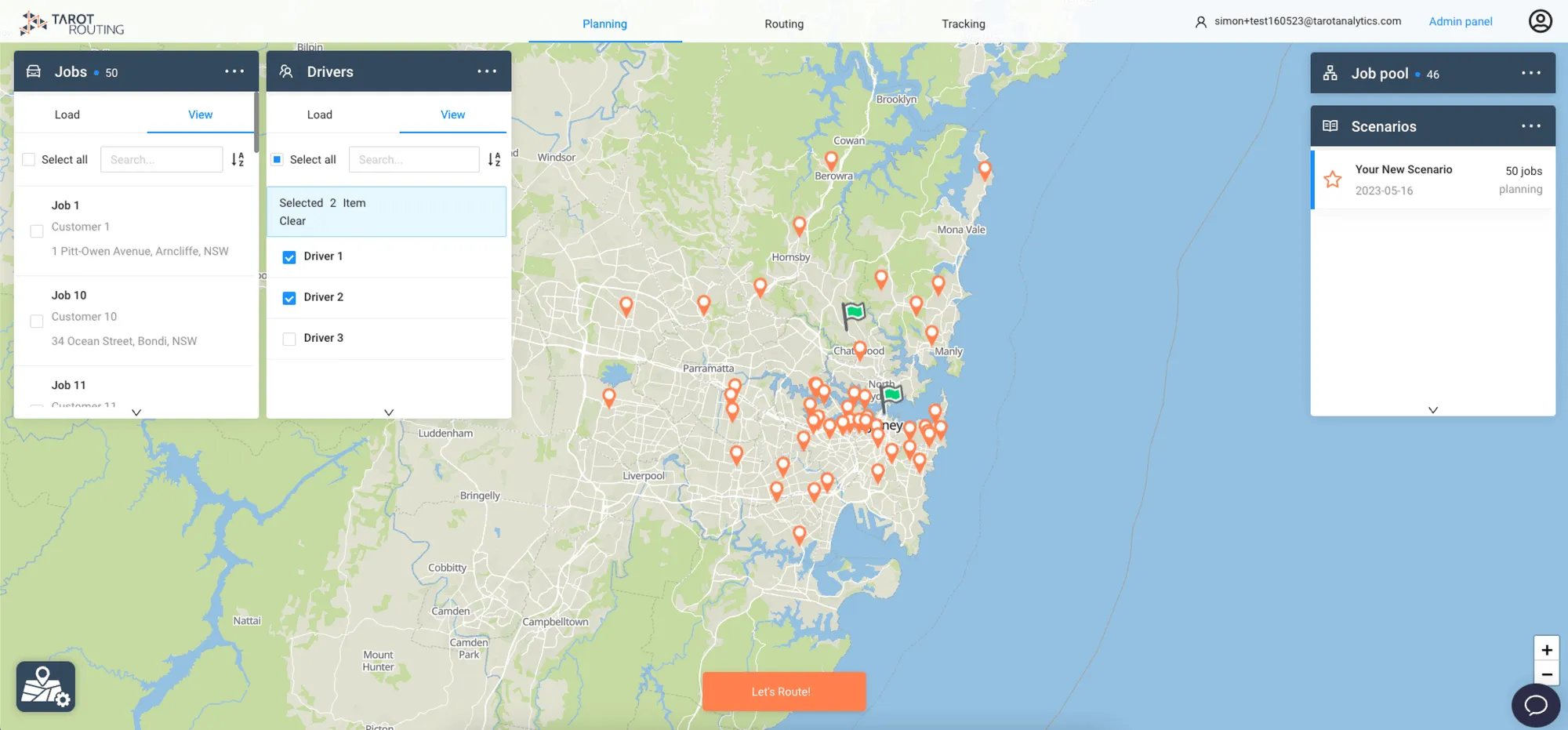 Tarot Routing planning map with jobs loaded across Sydney and drivers selected, ready to optimise