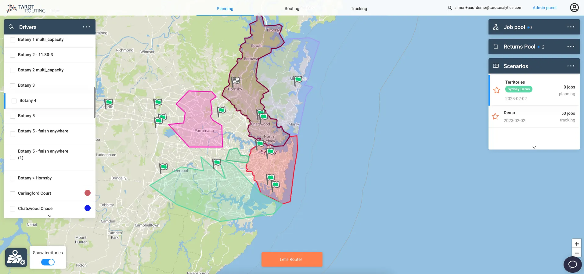 Planning map with the Show territories toggle on, displaying the scenario’s territories over Sydney