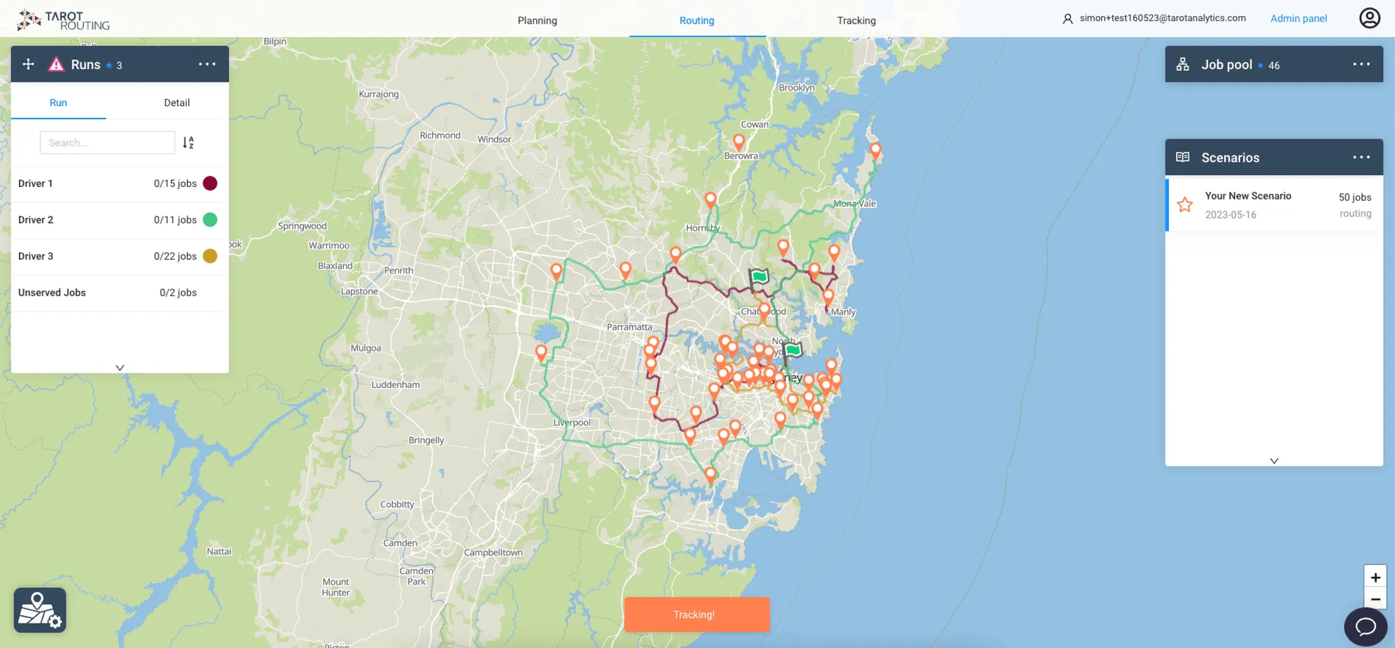 Optimised routes across Sydney after clicking Let’s Route, with each run listed in the Runs panel