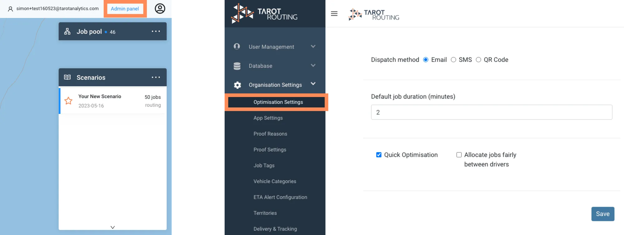 Opening Optimisation Settings from the Admin panel, with Quick Optimisation ticked