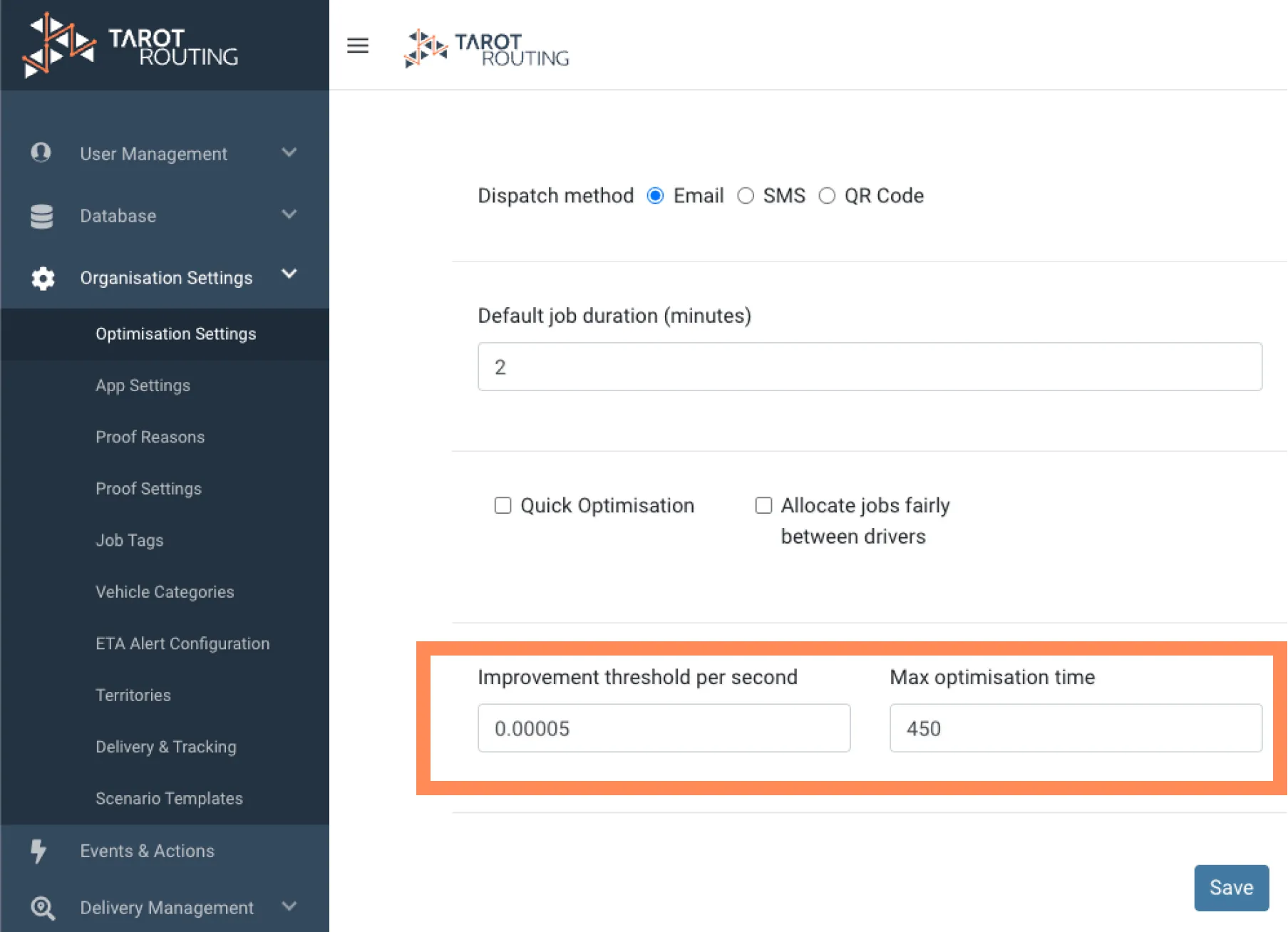 Optimisation Settings with Quick Optimisation unticked and the Improvement threshold per second and Max optimisation time fields highlighted
