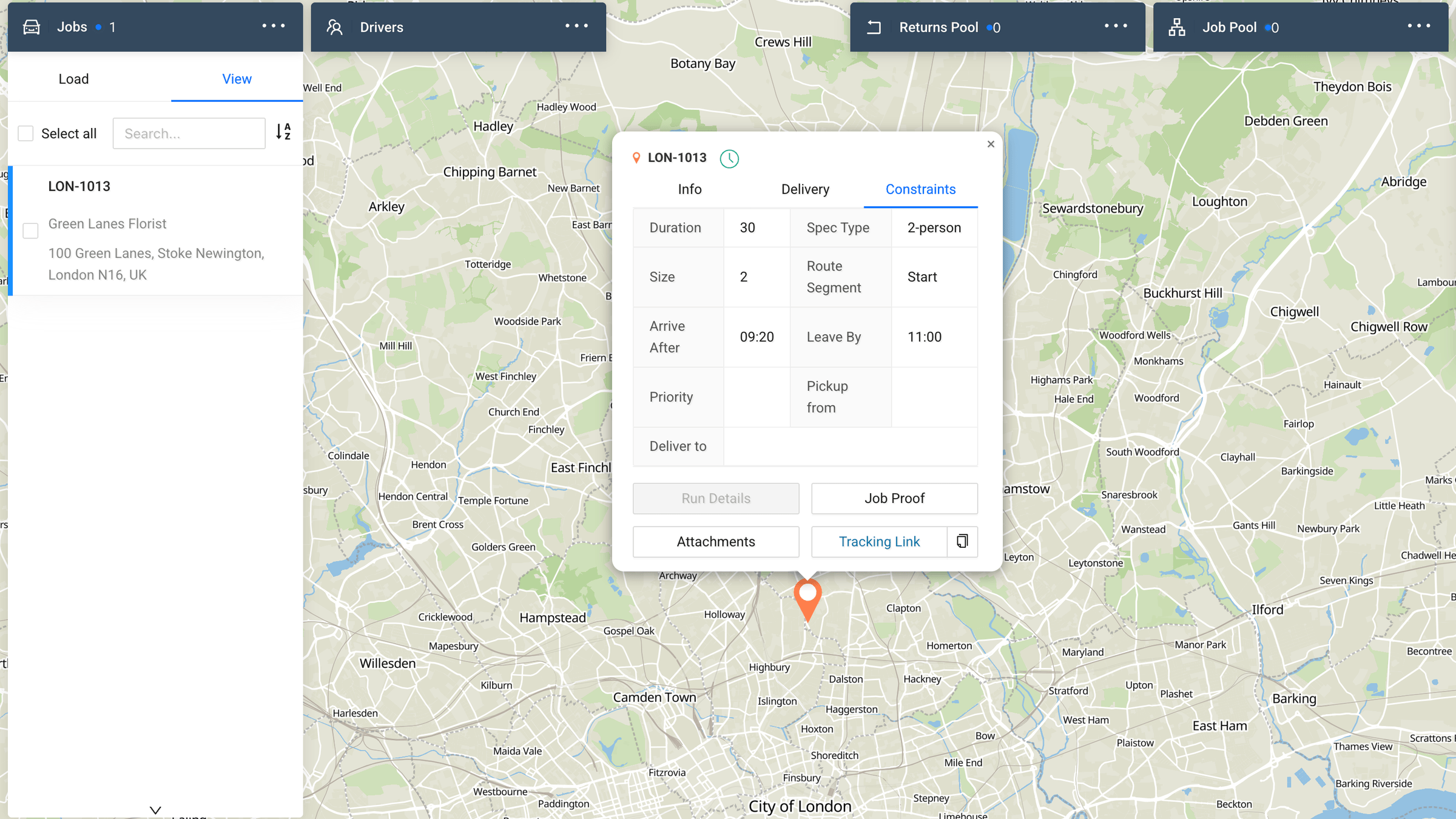 Job popup on the planning map with the Constraints tab open, showing the job's duration, size, required spec type and delivery time window