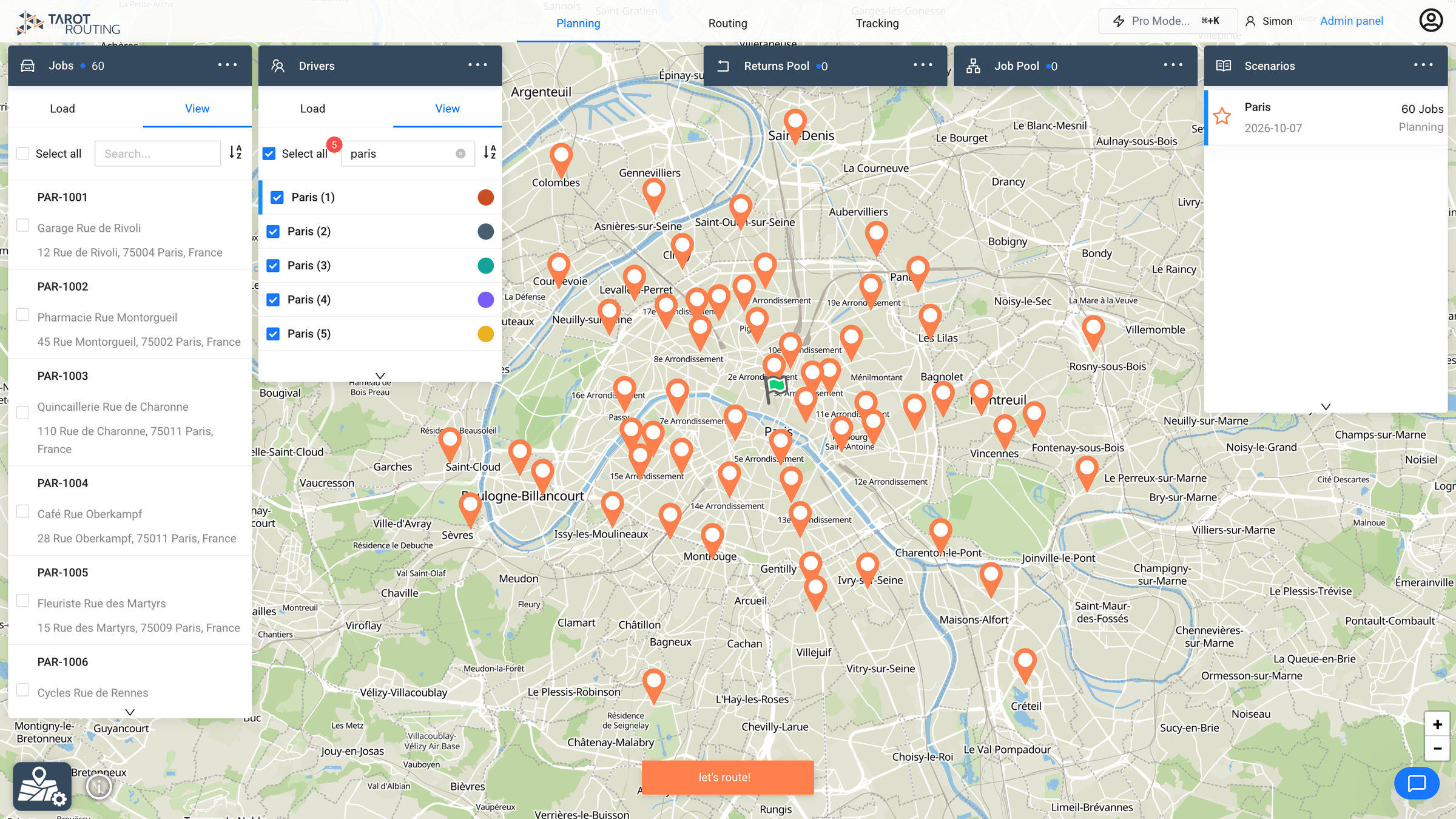 Planning a delivery day, with the day's jobs loaded on the map and the drivers for each run selected
