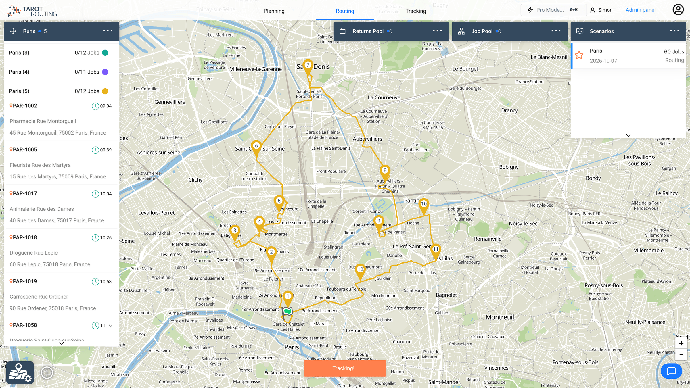 An optimised delivery route across the city, with each stop's planned arrival time in the Runs panel