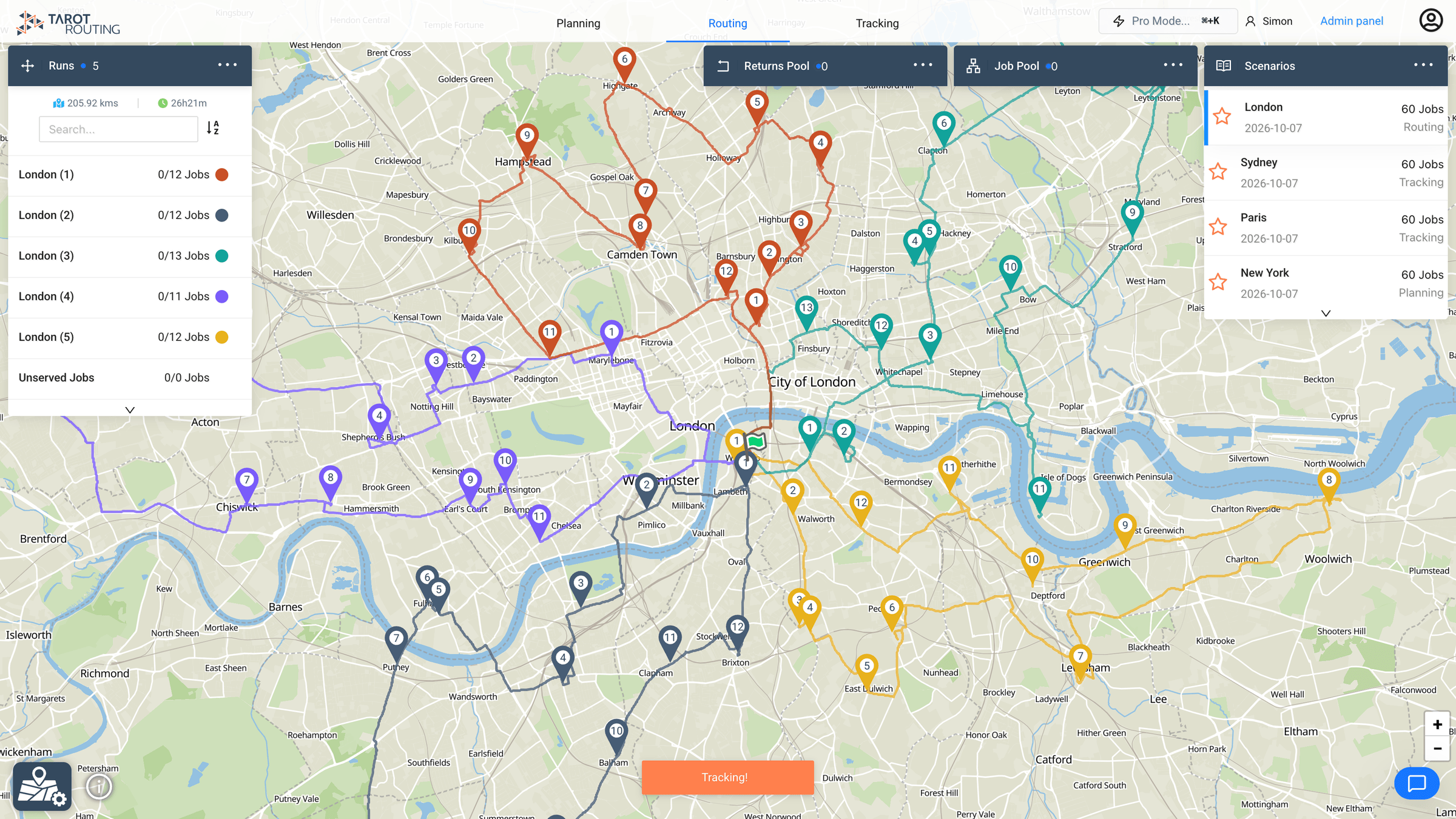 Optimised delivery routes across London in Tarot Routing, each run in its own colour, with the Runs panel open