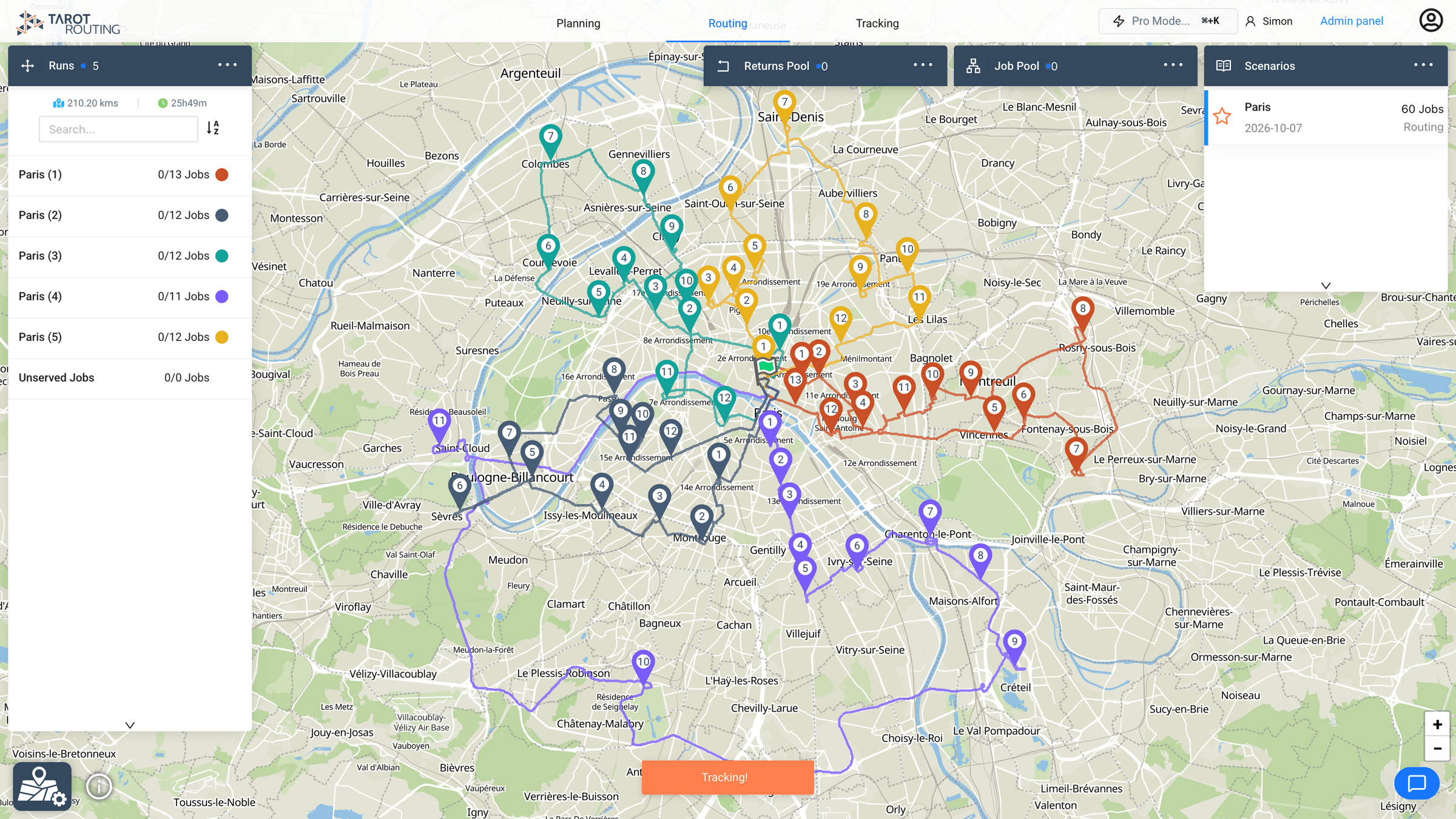 Tarot Routing's optimised delivery routes across a city, each run in its own colour, with the Runs and Scenarios panels open