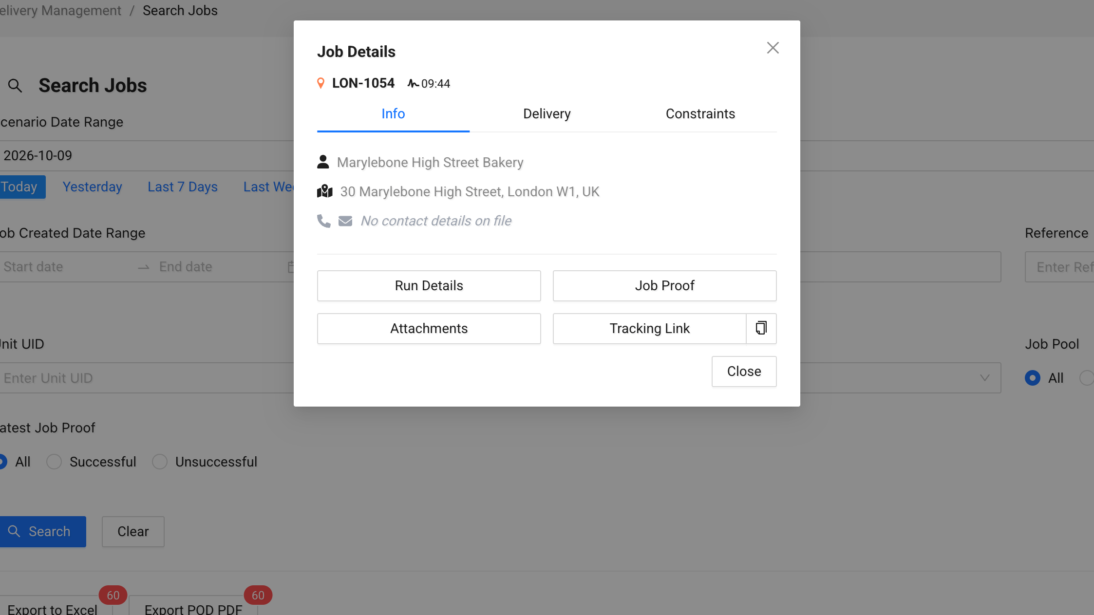 Search Jobs in the Tarot Routing admin panel with a delivered job's details open, including its address and links to the run details, job proof, attachments and tracking link