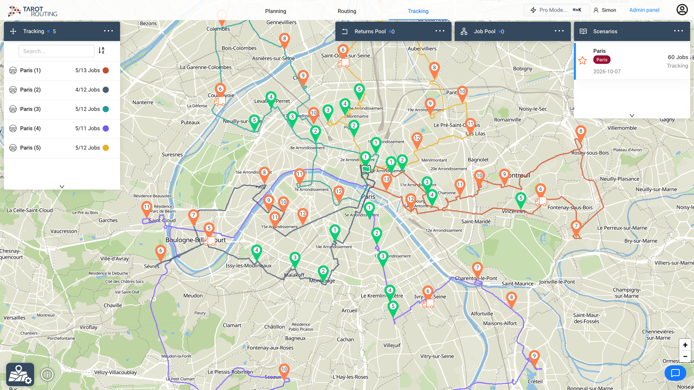 Live delivery routes in progress, with completed stops in green and remaining stops in orange