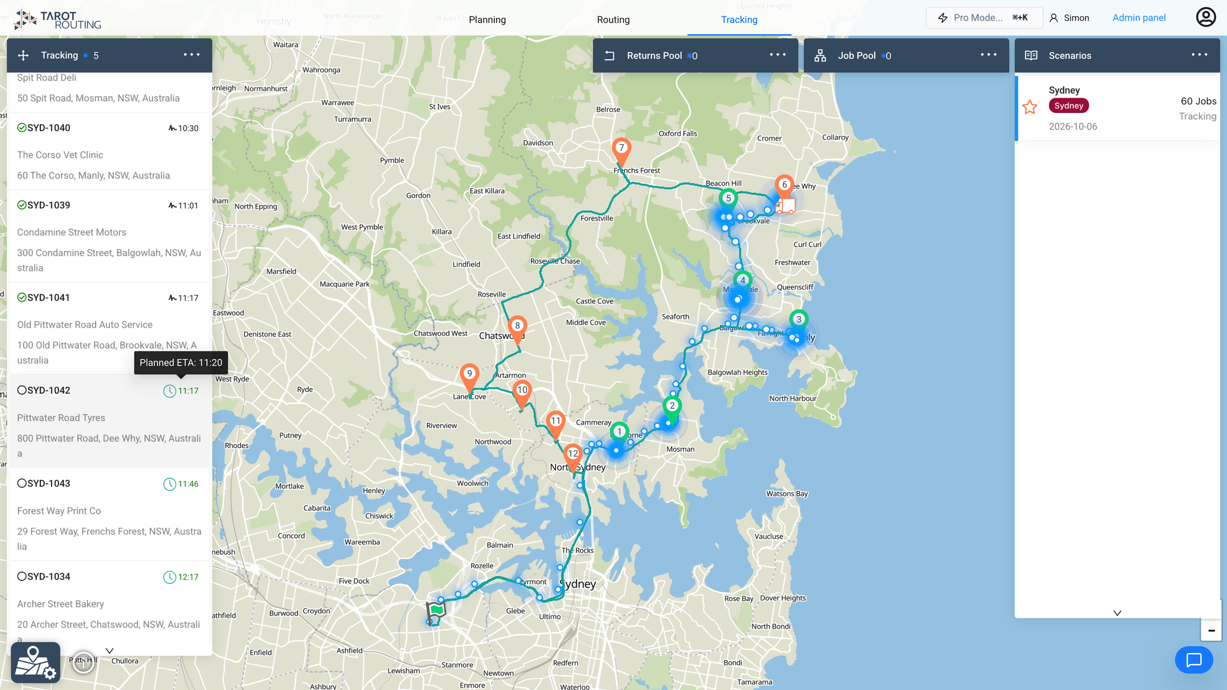 One delivery run in progress, with the driver's GPS trail, delivered stops in green and the next stop's live ETA shown against its planned ETA