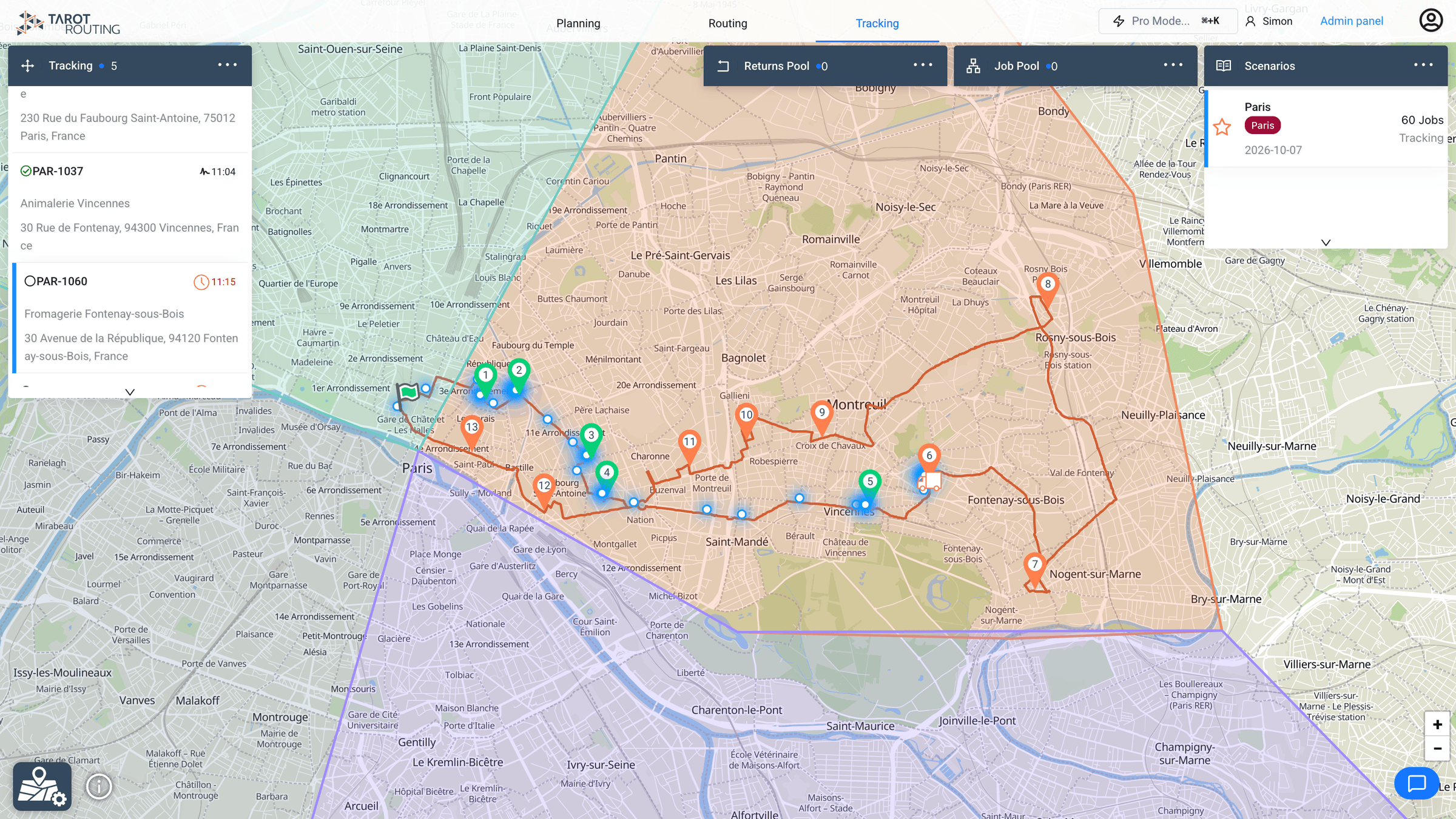 A run in progress with the driver's GPS trail, delivered stops in green and the next stop's live ETA running behind its planned ETA