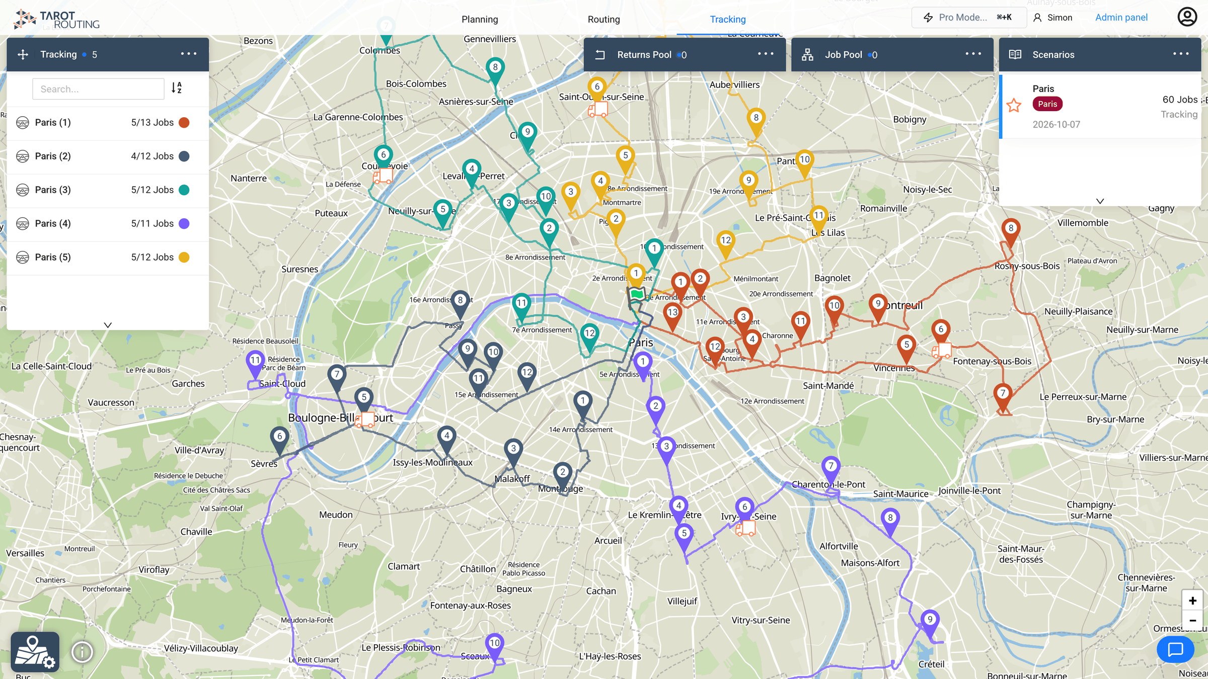 Every run in progress on one map, each in its own colour, with the number of jobs completed on each run listed alongside