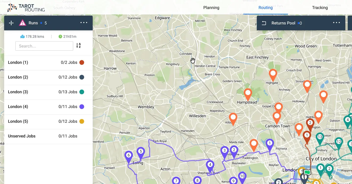 Animation of five London jobs being selected on the Tarot Routing map with Shift and drag, then sent to the London (1) run, which redraws to include them